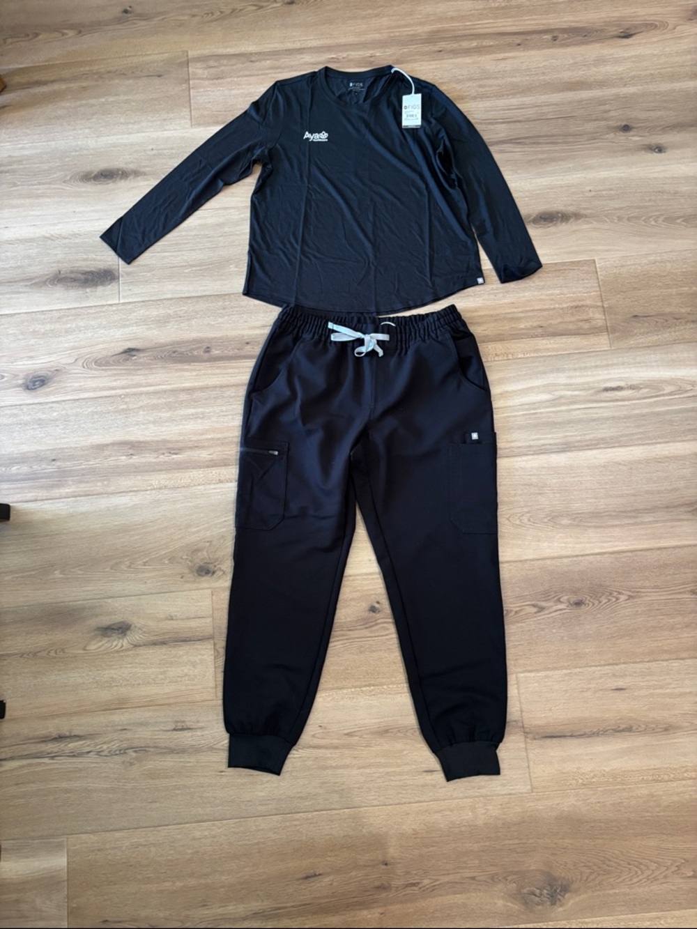 Figs Black Long Sleeve Top and Black Jogger Scrub Set